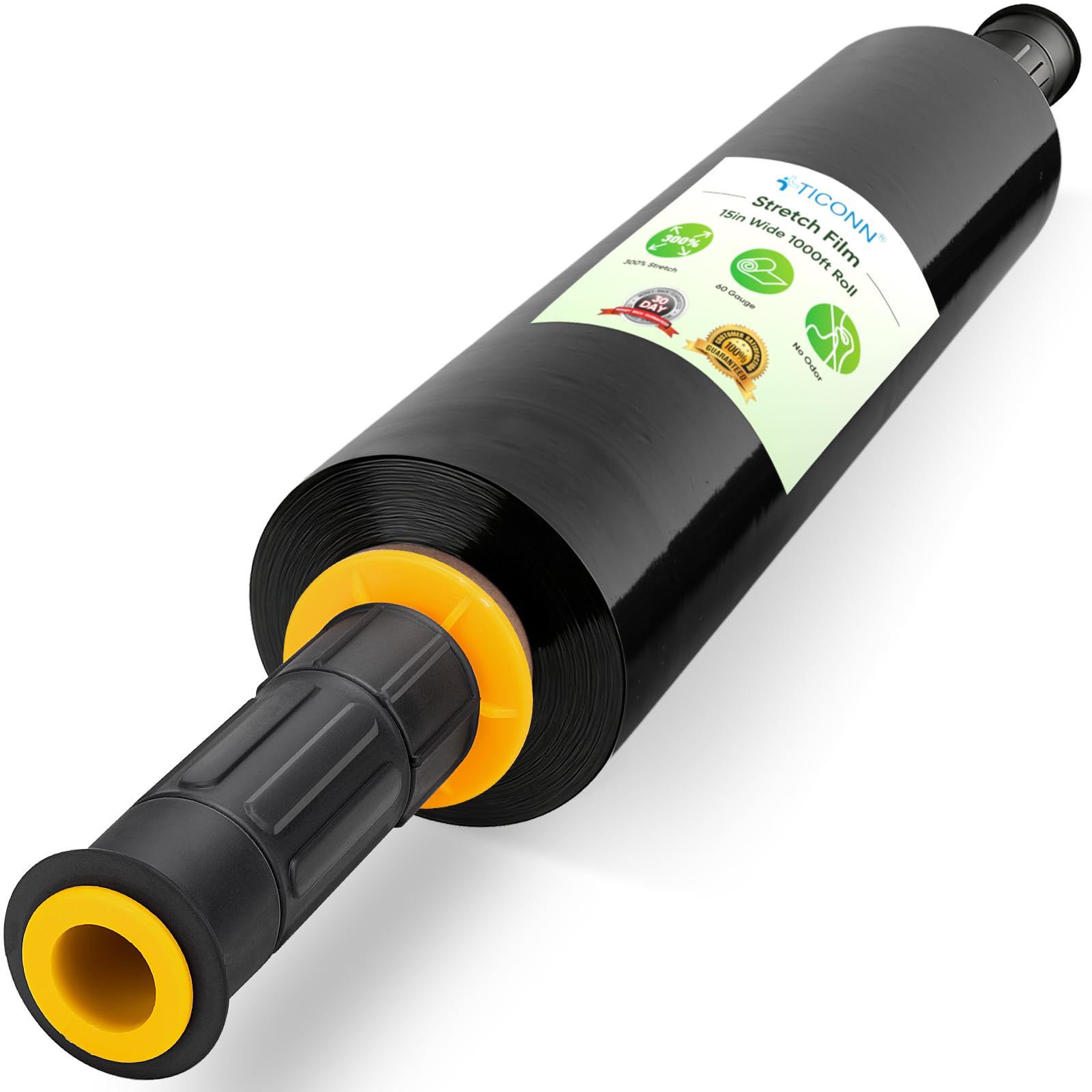 TICONN Black Stretch Film Wrap with Handles, 1000ft Industrial Strength 15 inch Wide | Bulk Pack Office Product - main product image