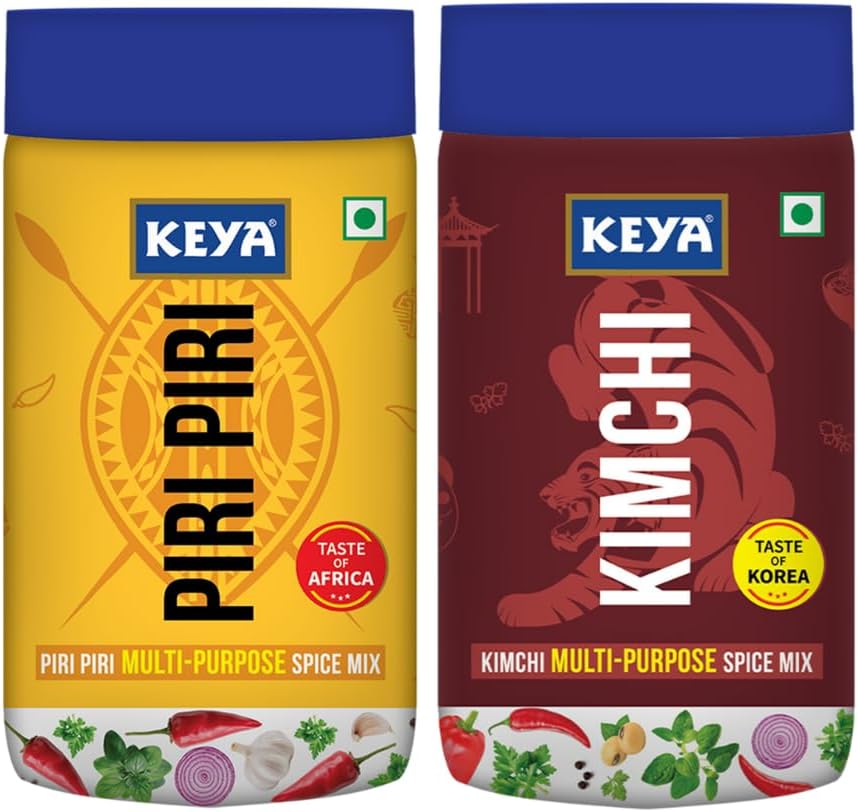 Keya Piri Piri Multipurpose Spice Mix 110g | Kimchi Spice Mix 70g | Exotic Spice Mix | Multi-purpose Seasoning | Zero Artifical Colours | No Added MSG | Instant Seasoning Mix |Marinade Mix, Dip Mix, Sprinkler| Perfect for Fries, Sweet Corn, Makhana, Papad, Khichdi | Pack of 2