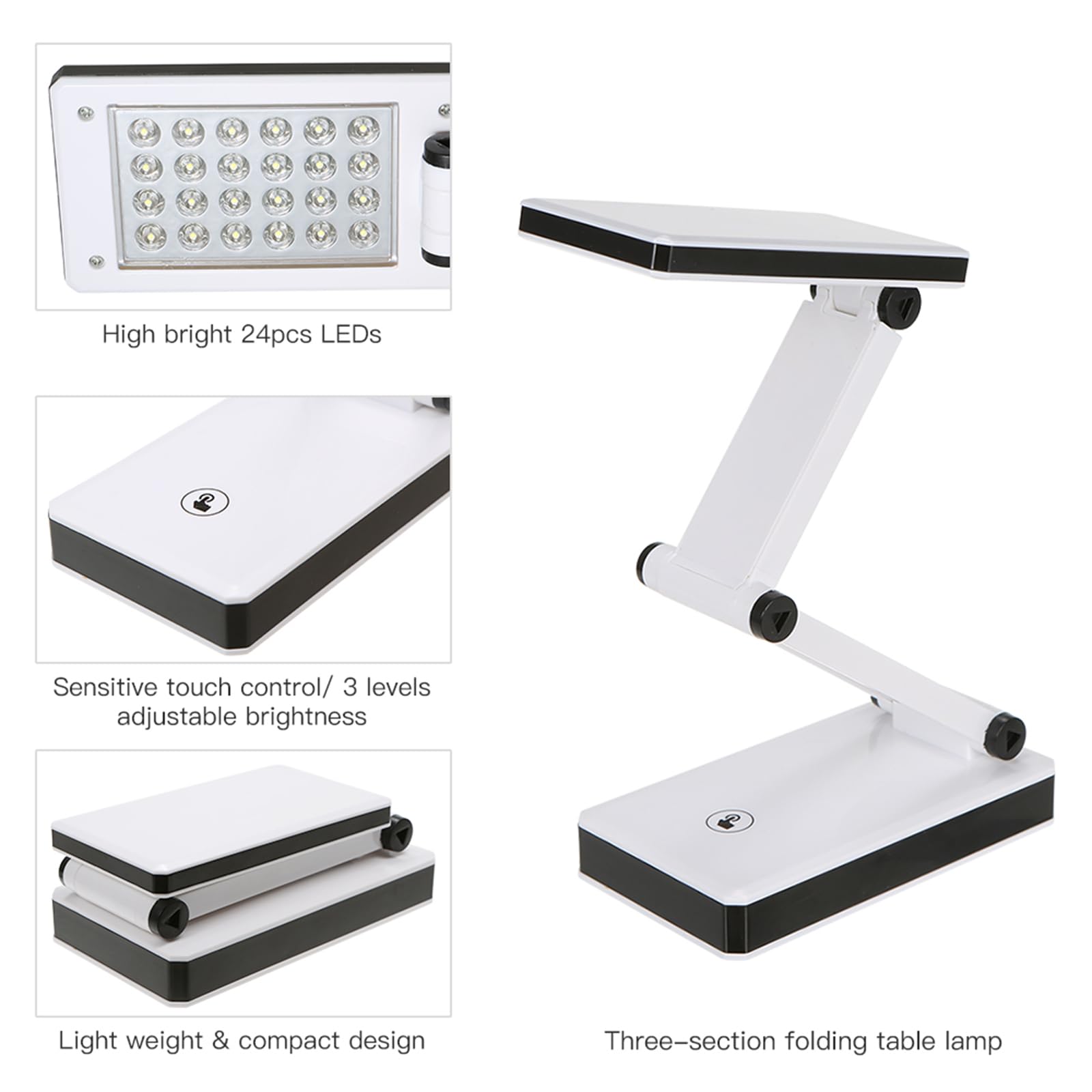 LIXADA Lot de 2 lampes de bureau LED pliables - Lampe de table LED portable - Contrôle tactile - 3 niveaux de luminosité réglables - Alimentée par batterie et USB - Pour voyage, études, maison,