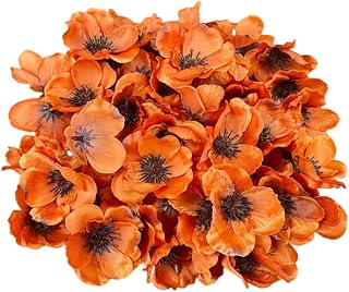 Rikyo 100 pcs Artificial Silk Poppy Anemone Flower Heads Autumn Fake Flower,Vase Fillers,Corsages for Wedding Decor,Nursery Wall,Archway Decor Wreath Garland Cake Ornaments,7cm Heads (Orange)