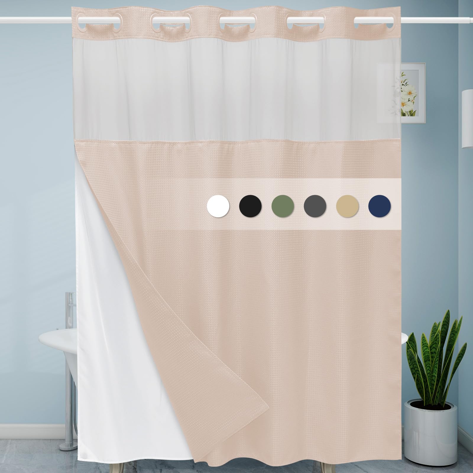 Blush Pink No Hook Shower Curtain with Snap in Liner,230GSM Waffle Weave Shower Curtains for Bathroom,71W x 74H