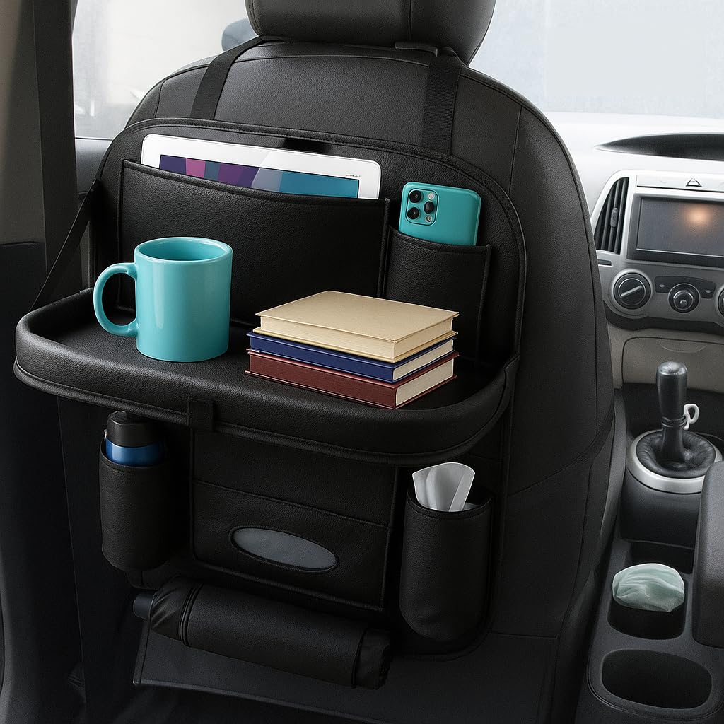 TSKN Premium Black Car Backseat Organizer with Foldable Tray | Multi-Pocket Storage for Tablets, Phones, Bottles & Travel Essentials-image-35