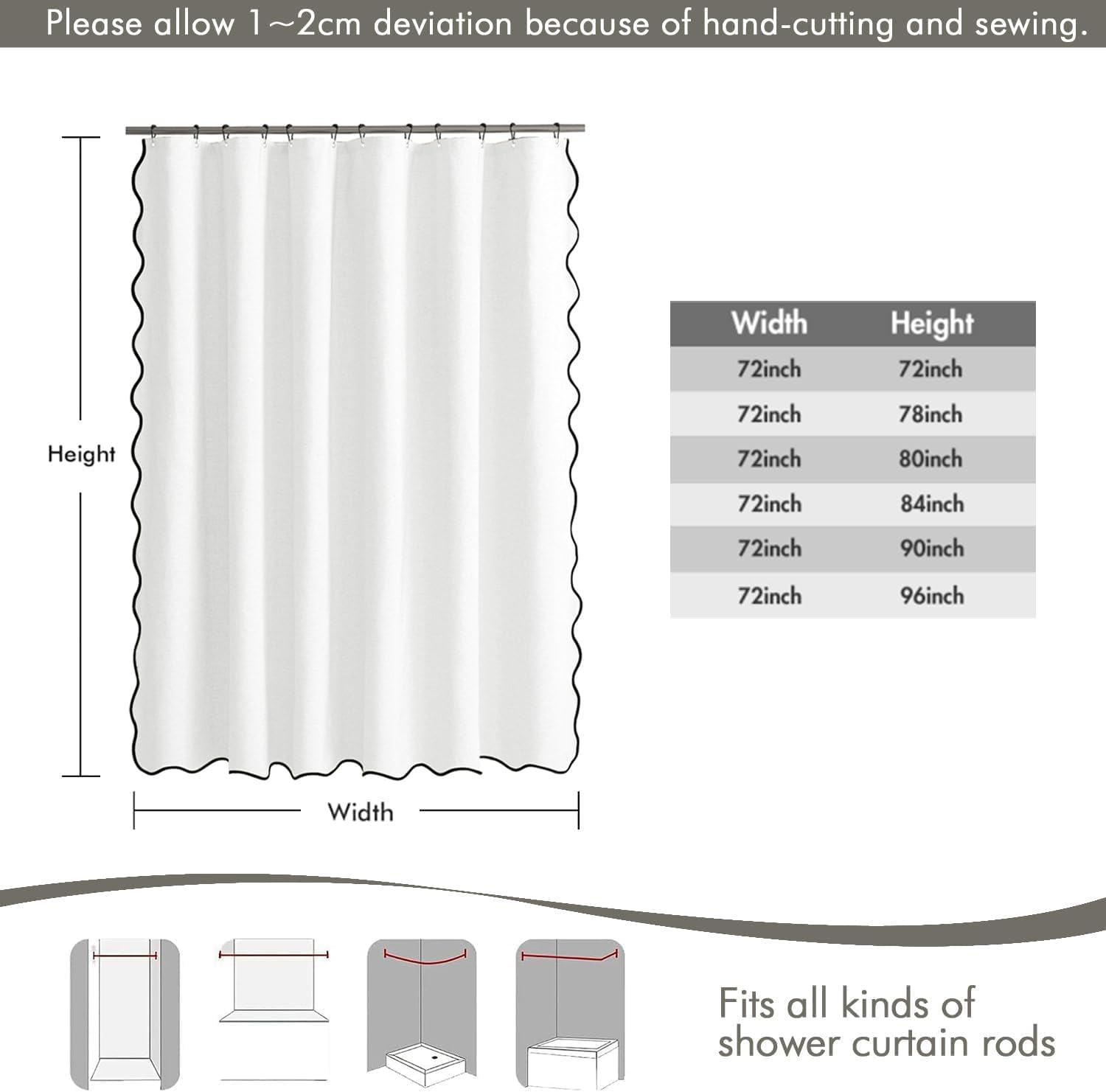 MIULEE 96" Long Scalloped Shower Curtain Linen Textured with 12 Metal Hooks Cute Extra Long Heavy Duty Washable Waterproof Cloth Shower Curtains with Black Border for Bathroom Hotel Bathtub,White