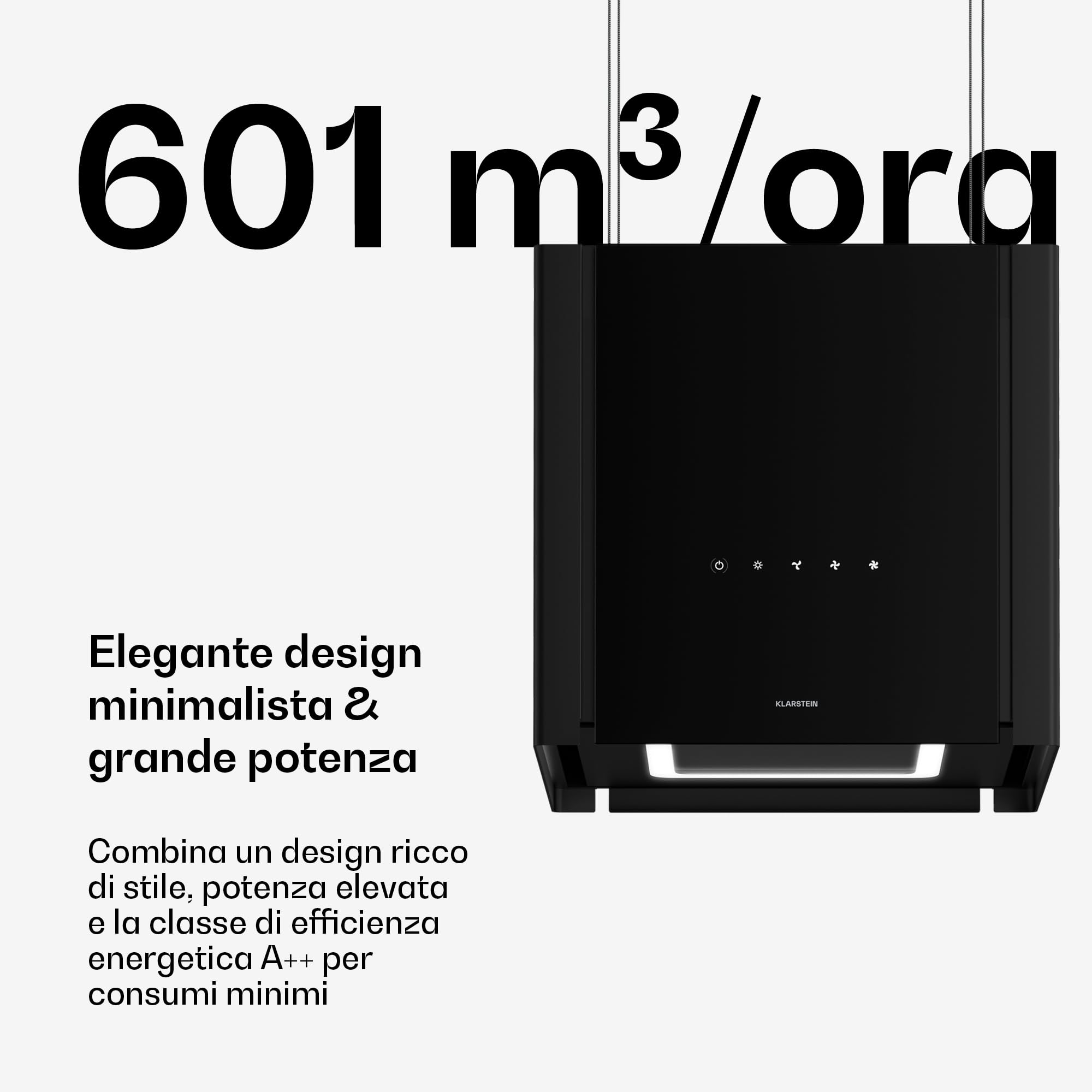 Klarstein Velaire - Cappa Aspirante a Soffitto - 601 m³/ora, Efficienza A++, Touch, LED, Filtro a Carboni Attivi, 41x41x40 cm, Cappa Filtrante da Cucina Sospesa, Nera