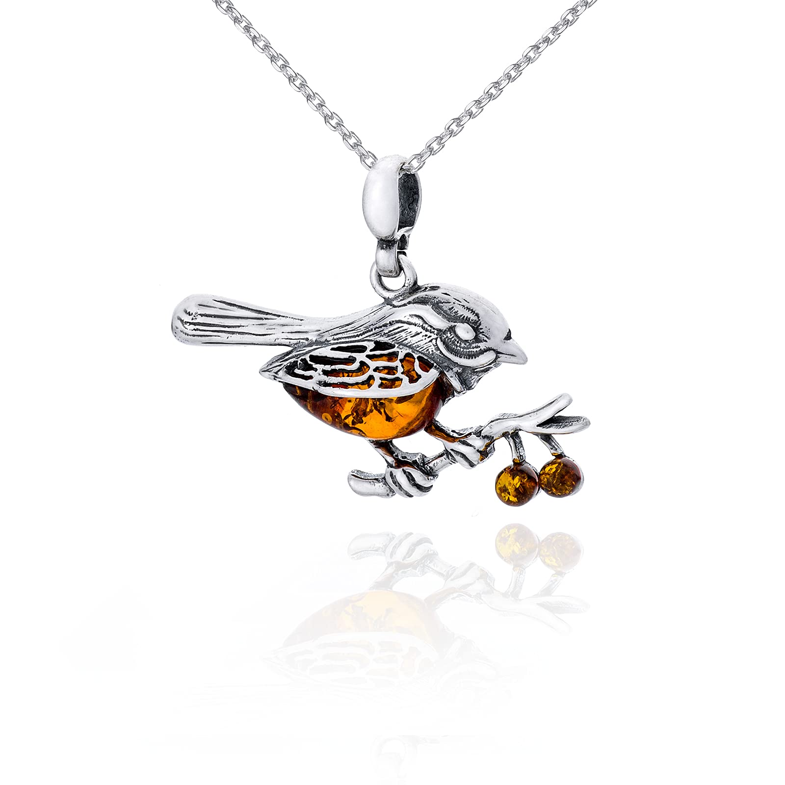 Damen Halskette Bernsteinspatz, Oxidiertes Sterling Silber, Baltischer Bernstein in Cognac Farbe, Silberanhänger mit Kette