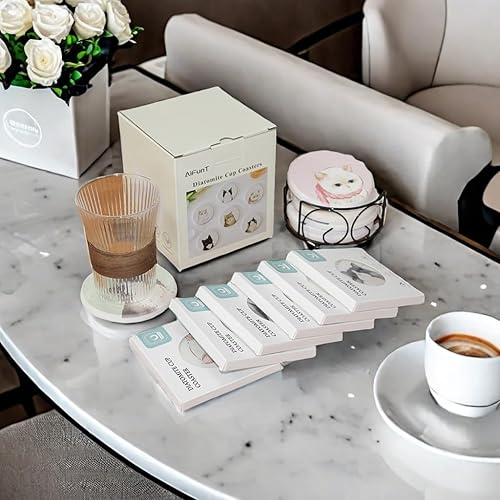 Miniatura 6 de Posavasos con soporte, juego de 6 posavasos absorbentes, posavasos hechos de tierra de diatomeas con un patrón de gato para tipos de tazas, mesa de