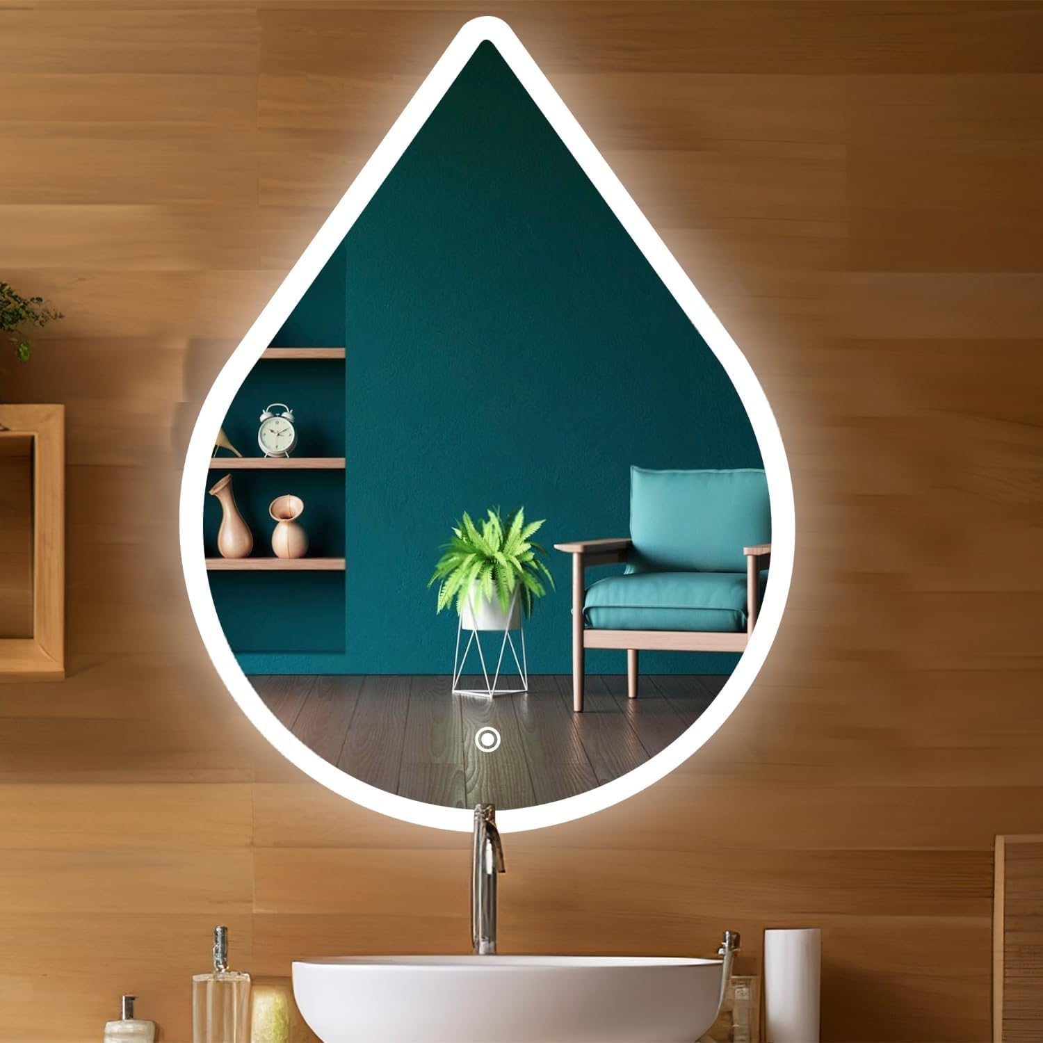 Drop Shape Led Mirror – 18x24 Inch | Wall-Mounted Touch Sensor Mirror with 3 Color Light (Warm, White, Natural) | Illuminated Led Mirror for Bathroom, Living Room, Wash Basin, Bedroom