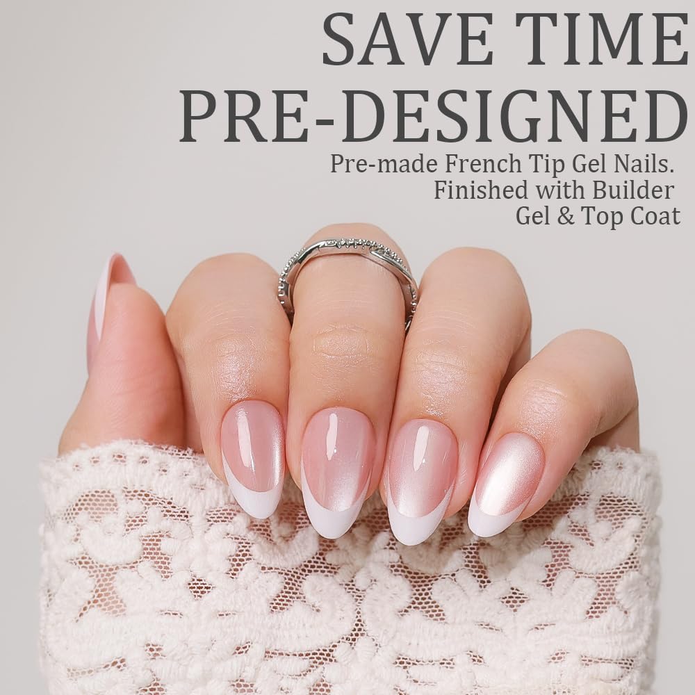 PROTIPS - Unghie finte a pressione, effetto occhio di gatto, 150 pezzi, in gel morbido, riutilizzabili, in 15 misure, stile francese prefabbricate, per manicure fai da te, look da salone