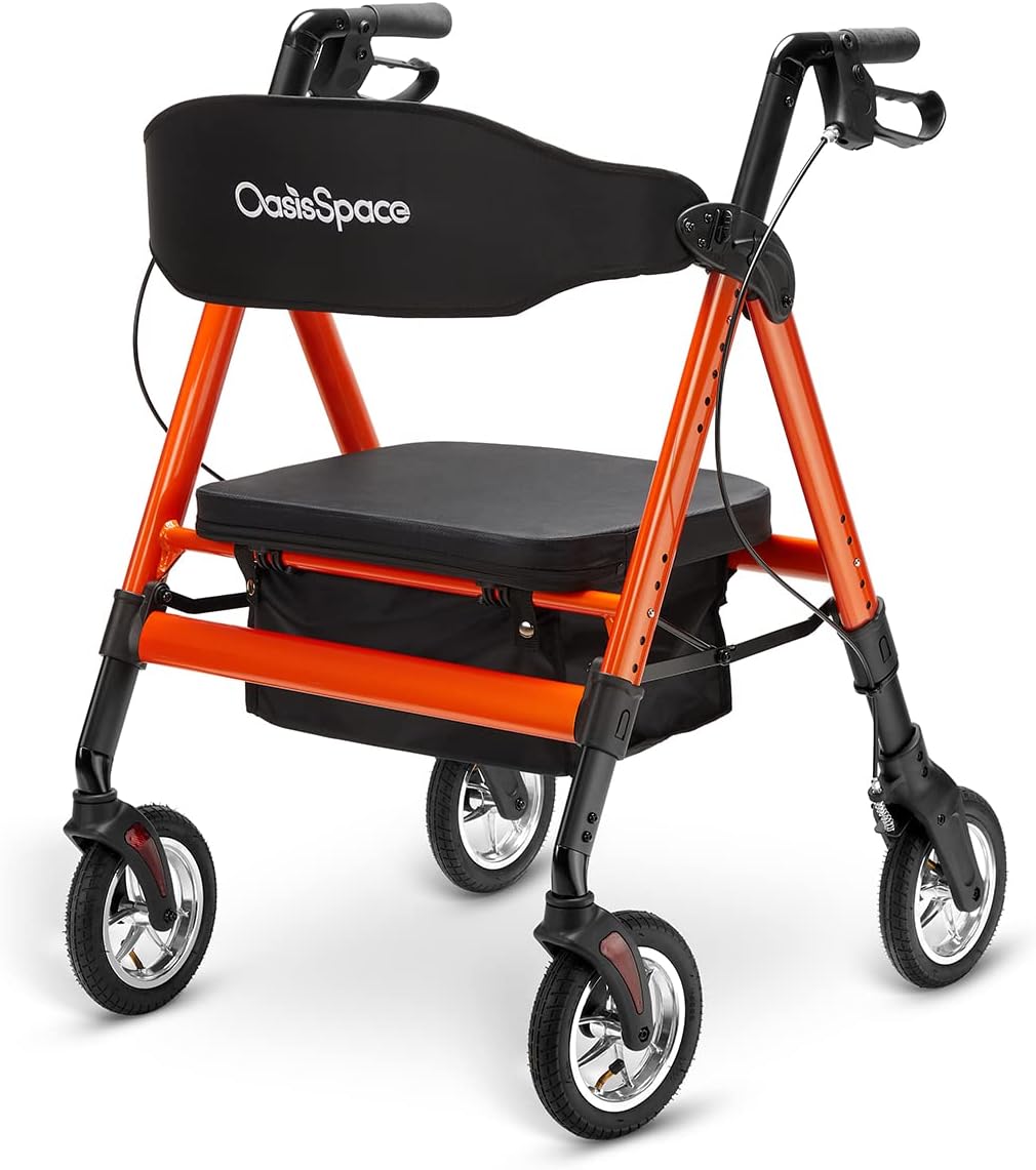 OasisSpace Heavy Duty Rollator Walker - Pneumatic Rollator Walker with Large Padded Seat & Extra Wide Backrest, Bariatric Rollator for Seniors Supports up to 450 lbs