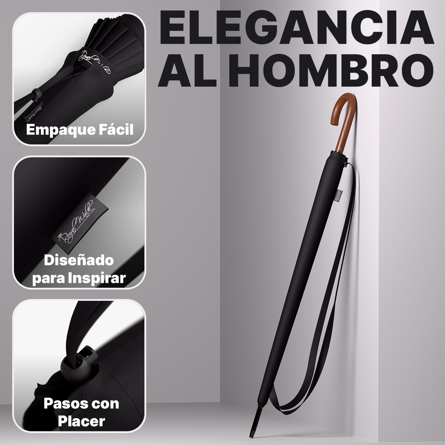 Royal Walk Paraguas Antiviento Automático 54 Pulgadas 120cm 16 Varillas Impermeable Negro