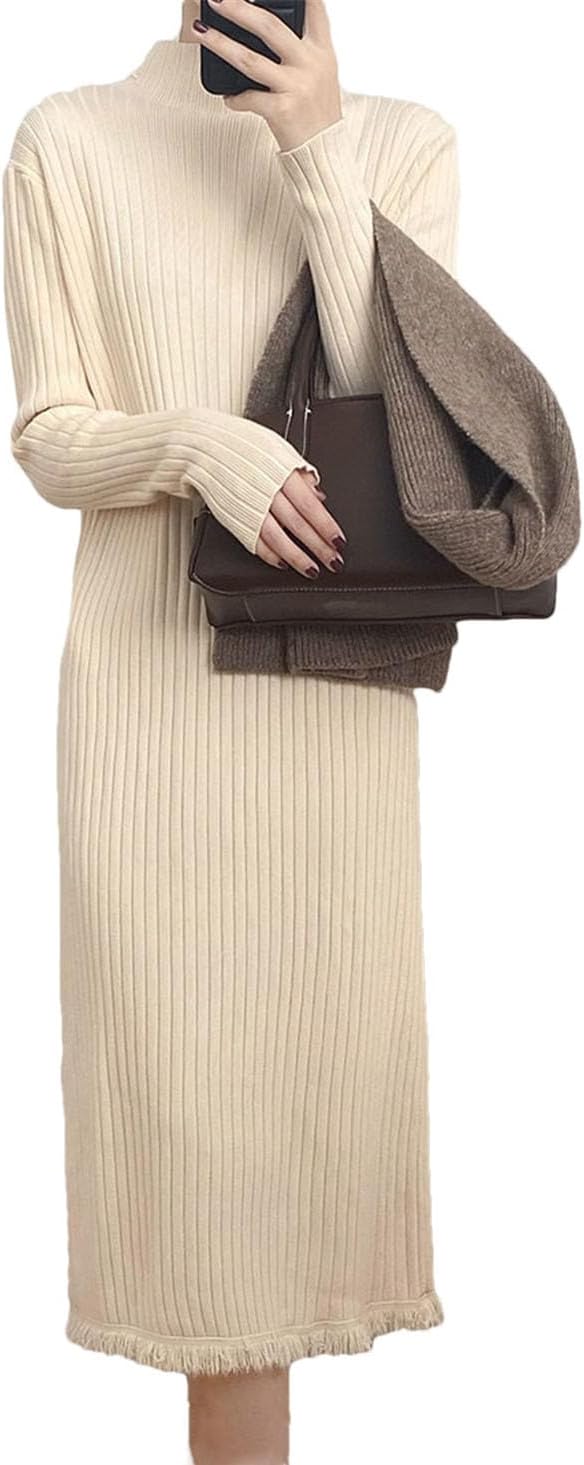 Vintage Sweater Dress Autumn Winter Half Turtleneck Tassel Knit Maternity Long Dress