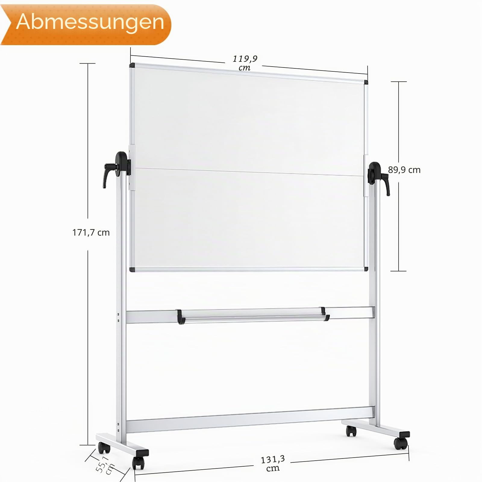 VIZ-PRO Doppelseitiges Mobiles Whiteboard, 120 x 90 cm, Magnetisch, Rollend, Trocken Abwischbar, Whiteboard auf Rädern mit Aluminiumrahmen und Ständer