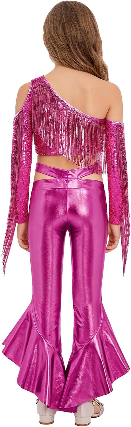 Agoky Girls Metallic Flare Pants Jazz Hip Hop Dance Tops Shiny Crop Top for Dancing Raves Festivals Costumes
