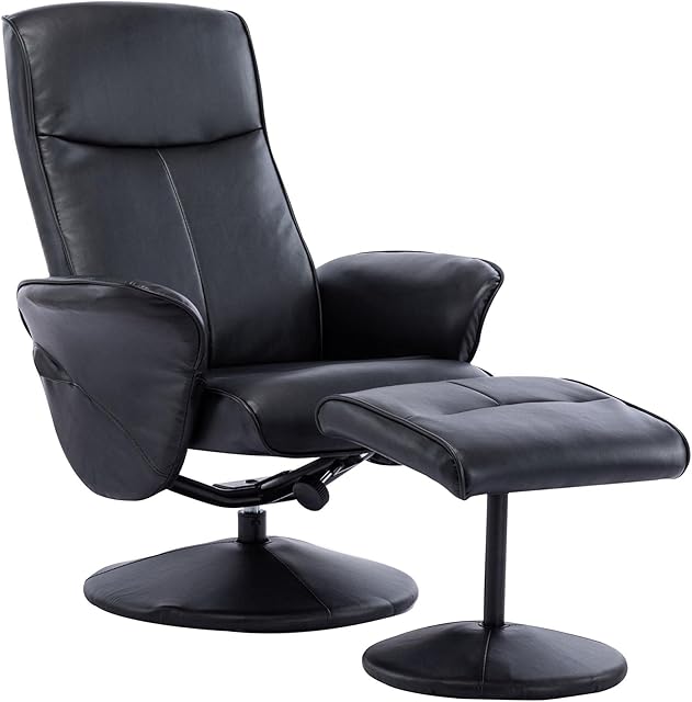 Memphis Swivel Recliner Chair & Footstool in Black Faux Leather