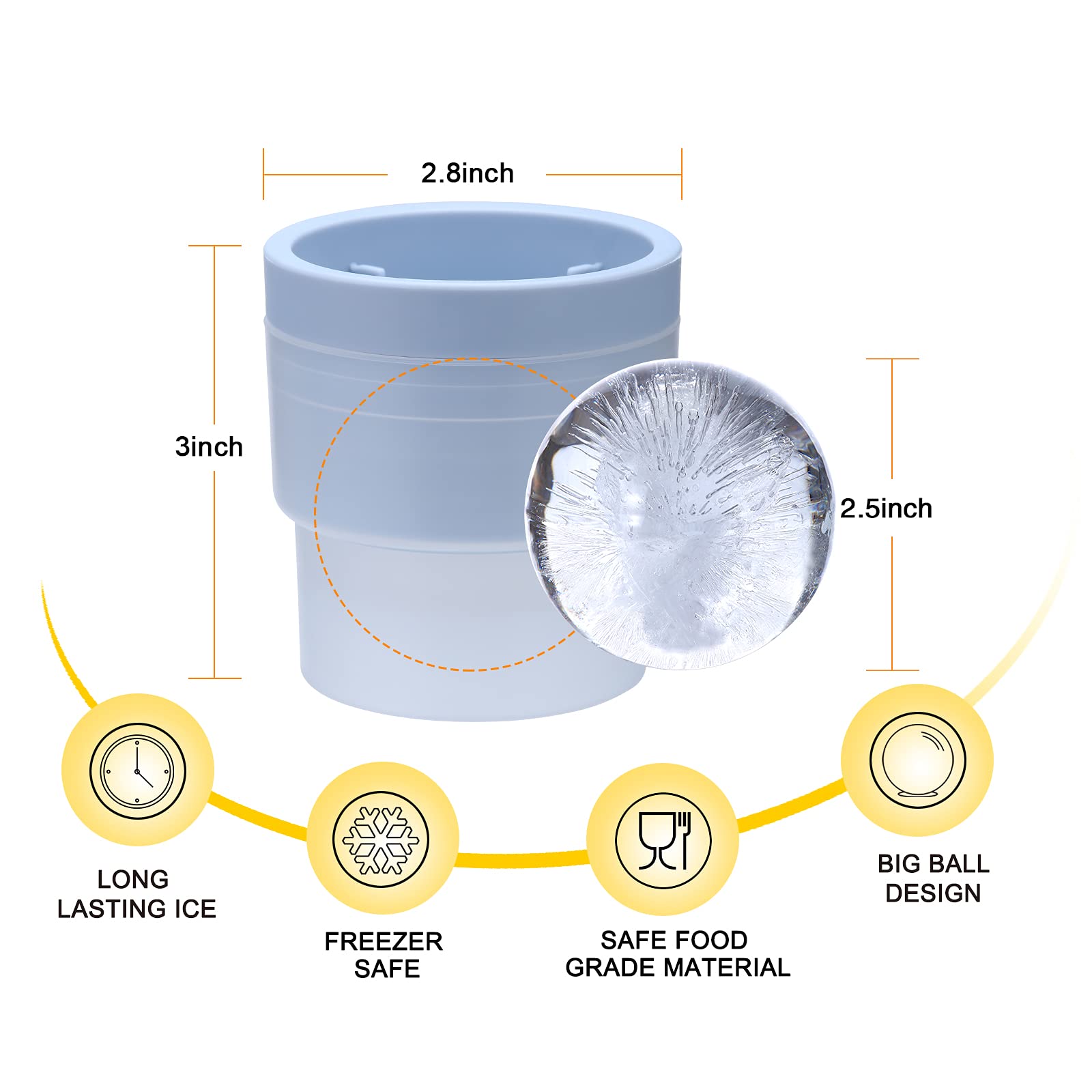 Moldes premium para bolas de hielo, sin fugas, de fusión lenta de 2.5 pulgadas con tapa sellada de silicona, antipunta, juego de 4 moldes apilables, para whisky, cócteles y bebidas de jugo (4, azul)