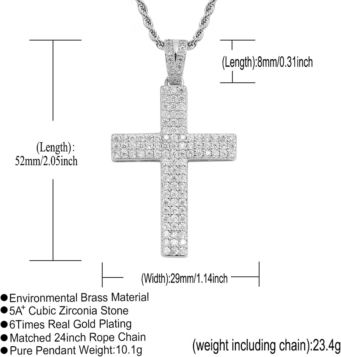 STARCHENIE Men's Cross Necklace Brass Gold Plating Pendant Cubic Zirconia Crucifix Jewelry 24'' Rope Chain - Image 5