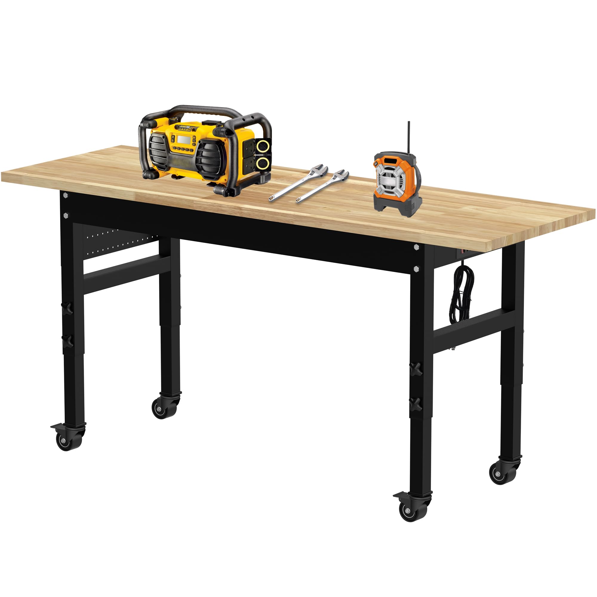 72" Adjustable Workbench, Multifunctional Rolling Heavy Duty Workbench with Wheels, Rubberwood Countertop for Garage, Office, Workshop