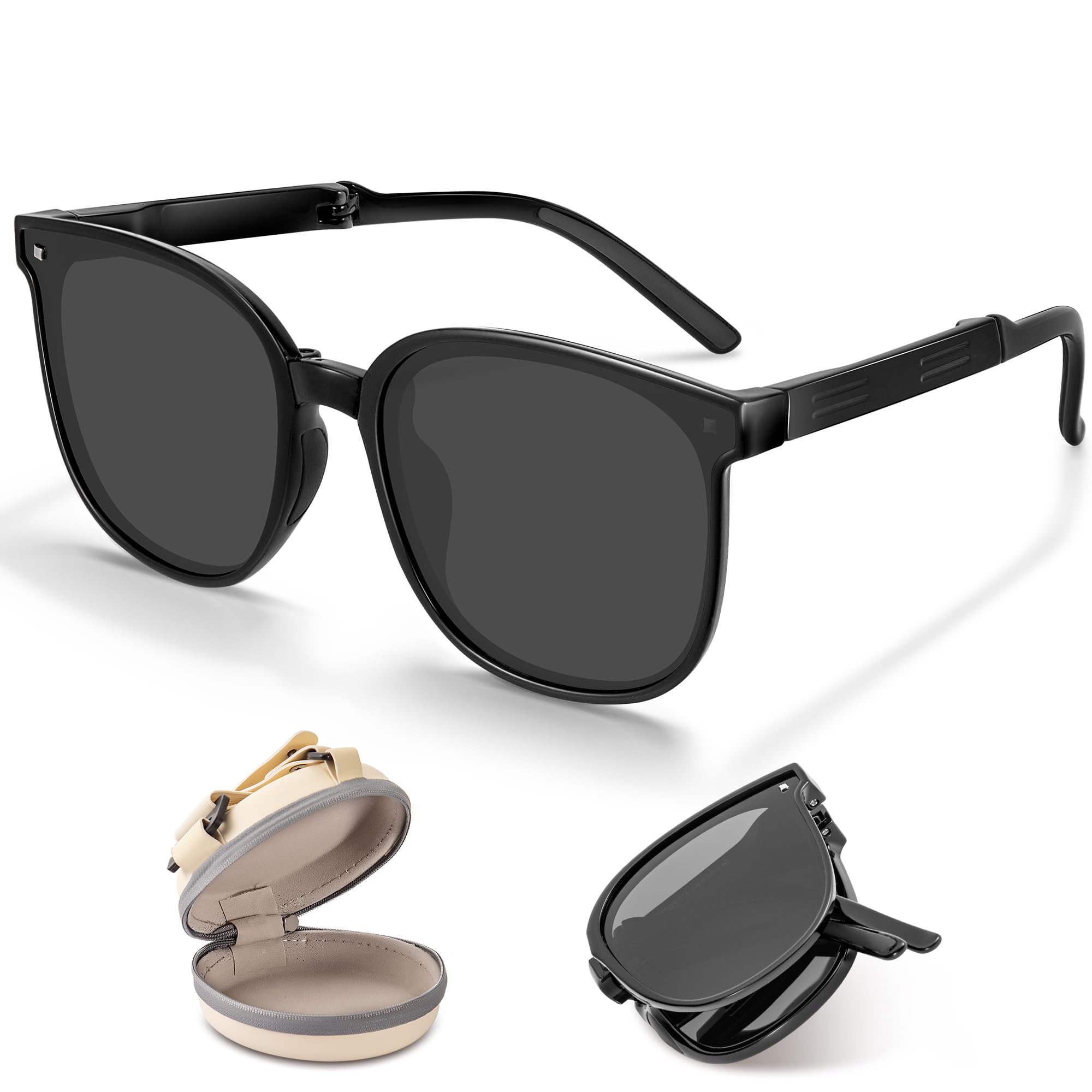 Polarized Sunglasses for Men Women, UV380 Sun Protection Folding Square Frame Fashion Sun Glasses for Driving Fishing Travel