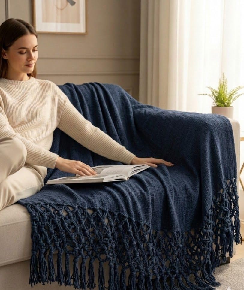 Image of HAKAM Cotton Throw Blanket with Macrame Tassels for 3 Seater Sofa | Ideal for Your Home, Living Room, Sofa, Bed, Chair, Picnic & Used for Gift - 50X70 inch (Navy Blue, 128x178 cm)