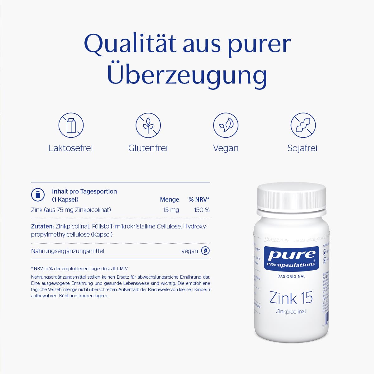 Pure Encapsulations Zink 15 (Zinkpicolinat) 15mg | 60 Kapseln veganes, bioverfügbares Zinkpicolinat mit sehr guter Verträglichkeit (2 Monate Vorrat) | unterstützt Haut, Nägel, Haare und Sehkraft