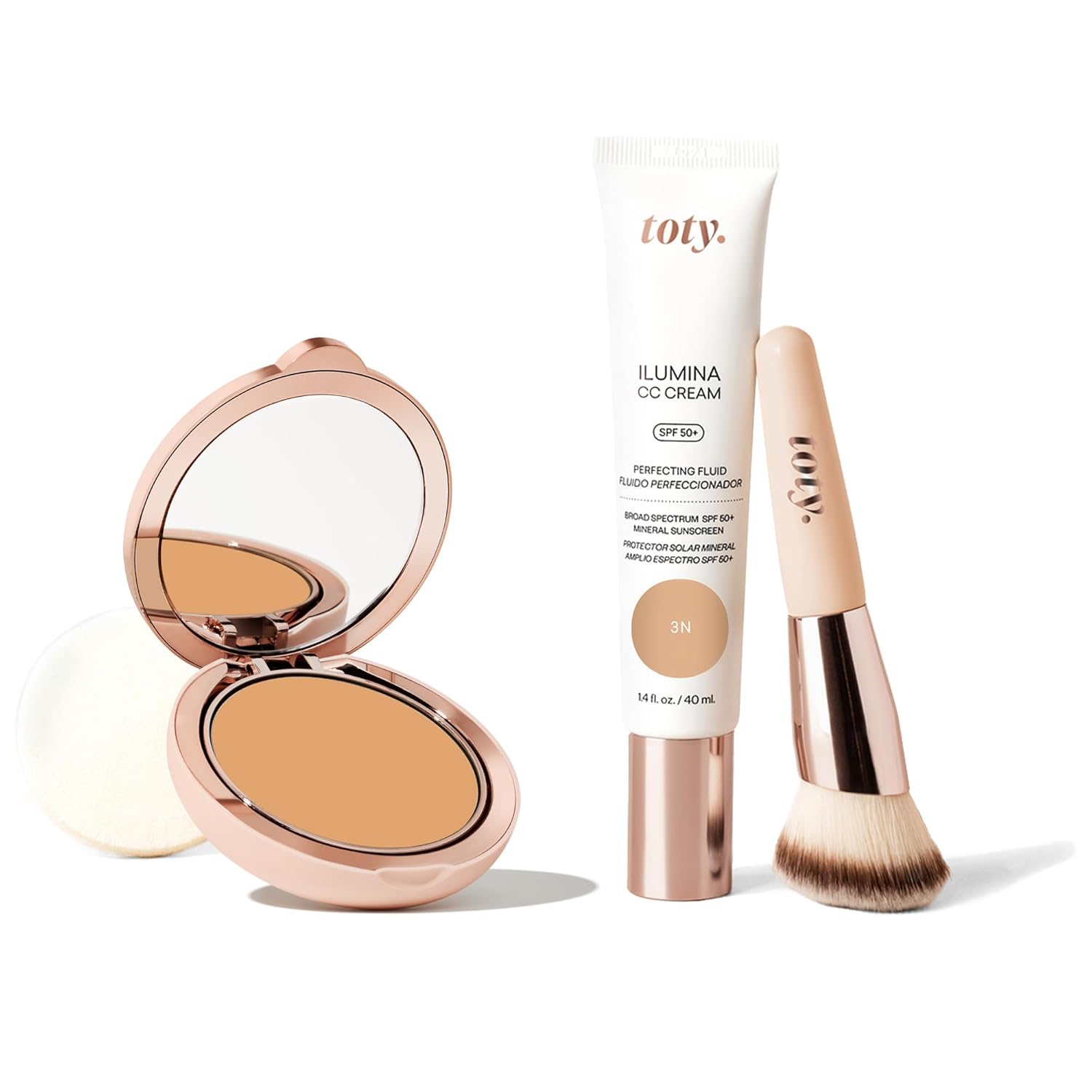 toty. by Sofia Vergara – Ilumina CC Cream 100% Mineral Color Correcting Cream + Ilumina CC Creamy Compact Mineral Broad Spectrum Sunscreen + Angled Complexion & Foundation Blending Brush – 3N