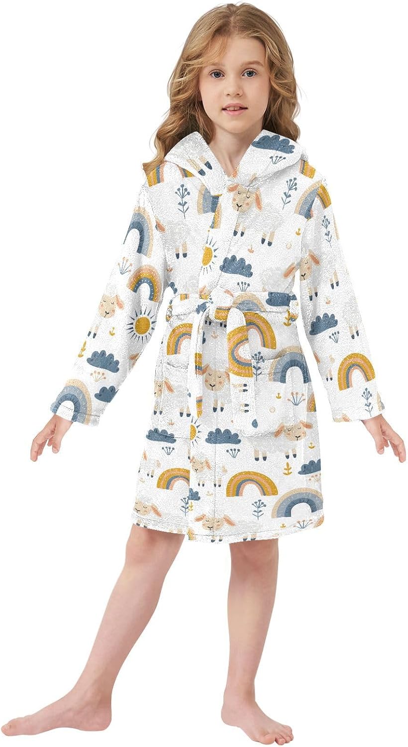 senya Cute Sheep on Rainbow Toddler Hooded Bathrobe Kids Soft Plush Bath Towel Robes for Boys Girls 2-12 Years