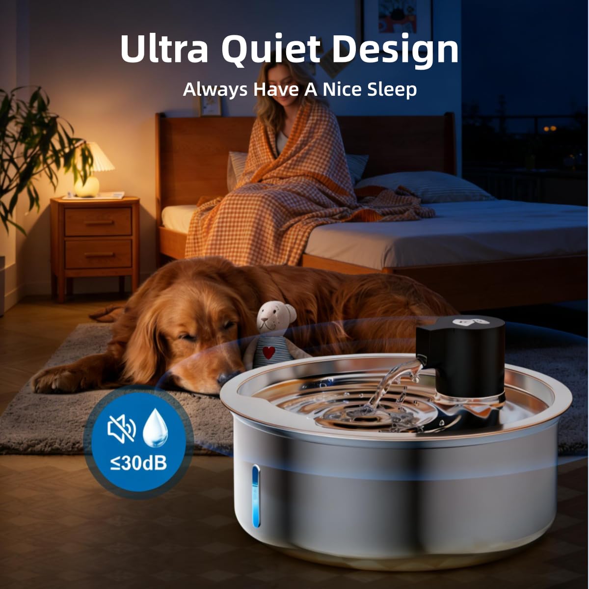 Fuente de agua para perros, fuente de agua de acero inoxidable de 8 litros para perros grandes, dispensador de cuenco de agua para perros, bomba súper silenciosa y filtros de repuesto para gatos y