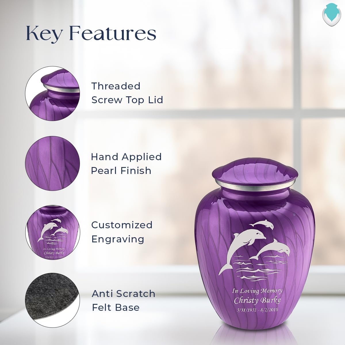 Geturns - Small Personalized Dolphin Cremation Urns for Human Ashes I Pearl Purple Funeral Urn for Women and Men I 44 lbs