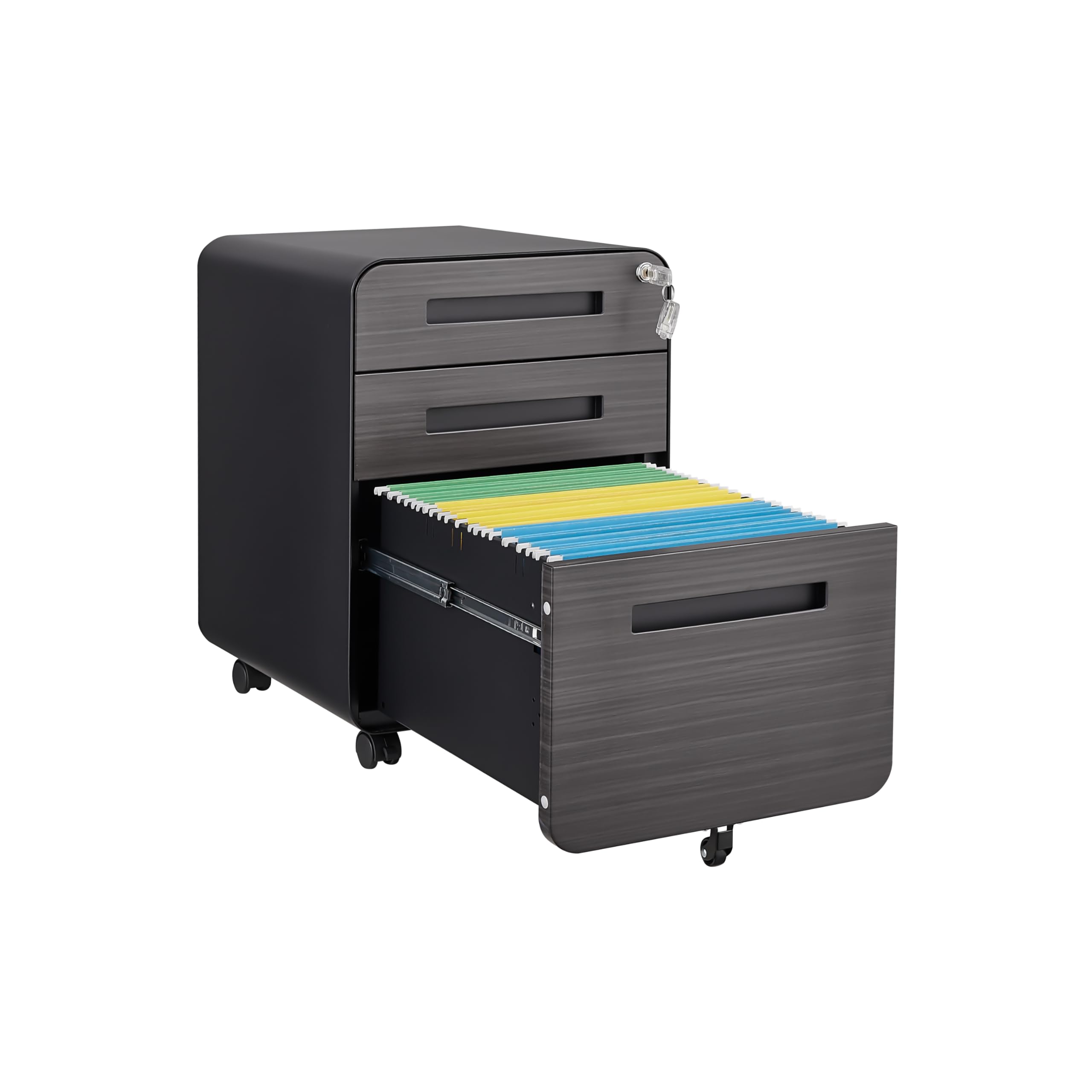 Contenitore a rotelle, mobile con serratura, 3 cassetti, organizer da scrivania, preassemblato, armadietto sottoscrivania, archiviazione da ufficio, per documenti A4/lettere/legali, grigio