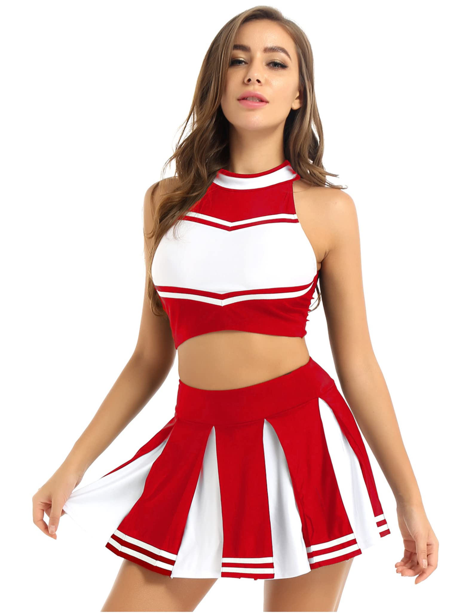 TSSOE Women Cheer Leader Costume Uniform Cheerleading Adult Dress Outfit Crop Top with Pleated Mini Skirt: X-Large Red