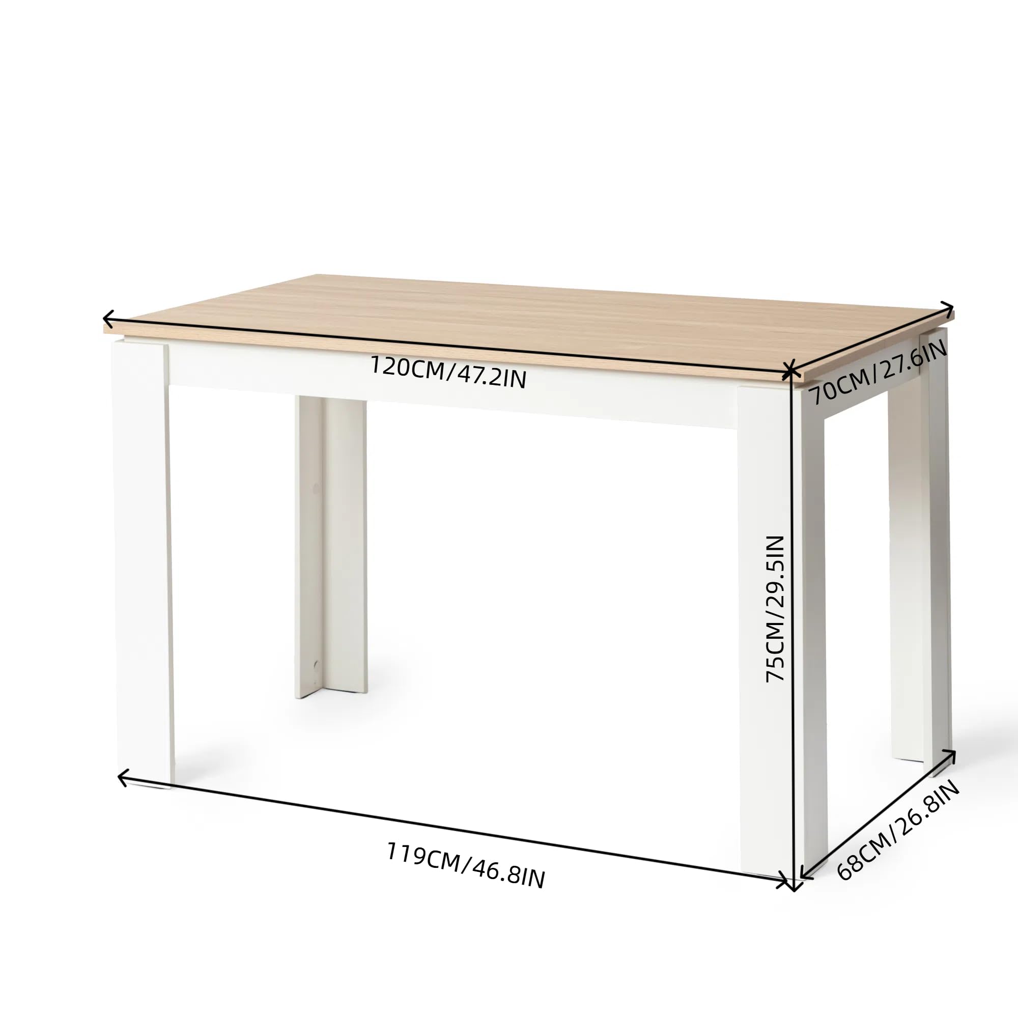 Ensemble de salle à manger avec 4 chaises et 4 chaises rectangulaires en bois de 120 cm pour salon, cuisine, bureau (pieds de table en chêne blanc + 4 chaises blanches)
