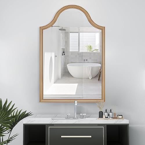 Miniatura 4 de HOMECOOKIN Espejo arqueado de madera para baño, 24 x 36 pulgadas, espejo de pared arqueado rústico para tocador, sala de estar, entrada y decoración