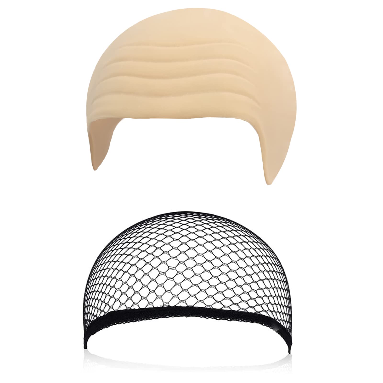 Beige Latex Bald Hat and Black Nylon Hair Nets 2-Pack Unisex Halloween Costume Accessories