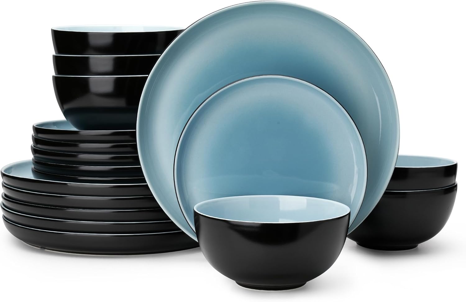 Sweese Porcelain Dinnerware Set of 6, Lightweight Round Plates and Bowls Set - Dishwasher, Microwave, Oven Safe, Scratch Resistant Dinner Sets, Kitchen Dishes Set, Black & Blue