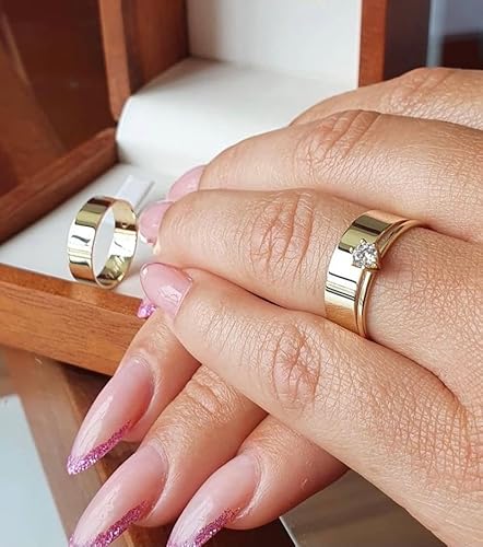 Aliança Par Italiana Ouro Banhada Reta Anatômica com Anel Solitário com Zirconia e Caixa de Veludo C