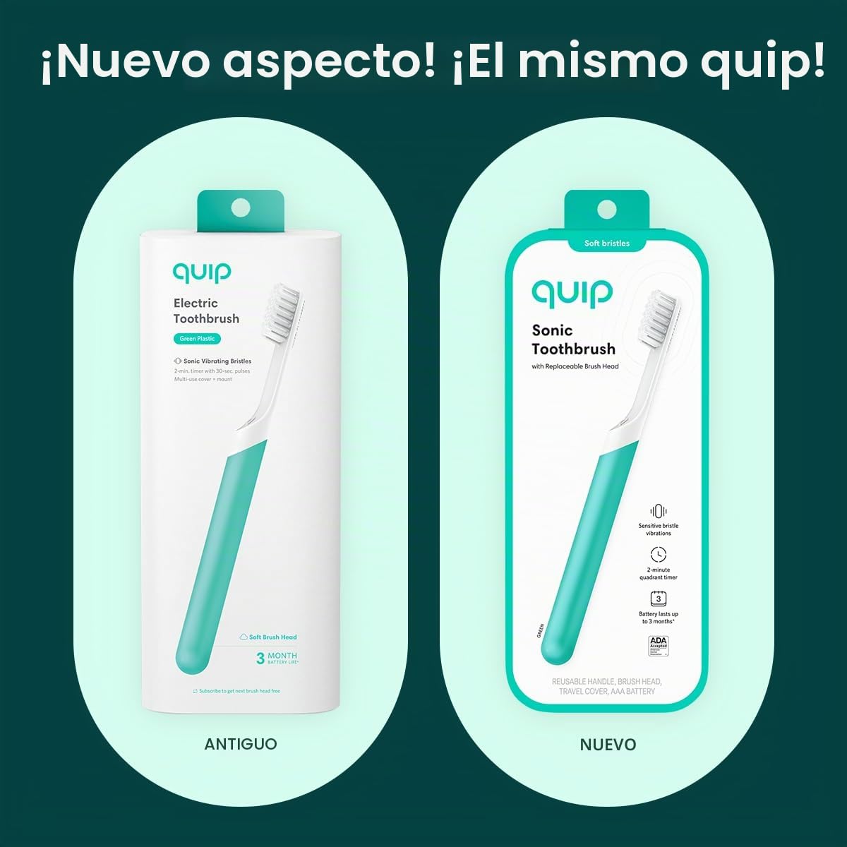 Quip Cepillo de dientes sónico para adultos, cepillo de dientes eléctrico temporizado con tapa, cabezal de cepillo reemplazable, cerdas suaves, mango de plástico, duración de la batería de 3 meses,