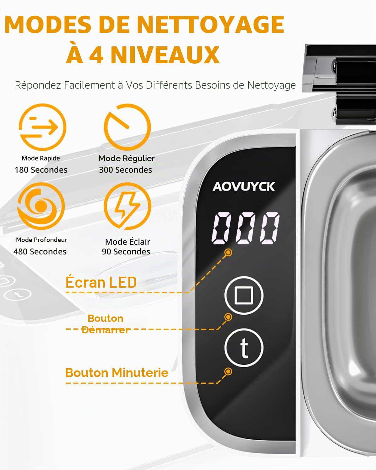 46000Hz Nettoyeur Ultrasons avec 4 Modes de Nettoyage, Fonction Tactile, Bac Ultrasons en Acier Inoxydable et ABS, Ultrasonic Cleaner avec Affichage à LED pour Montres, Bijoux, Collier, 500ml