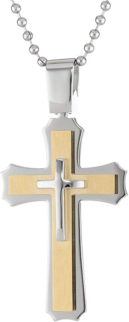 Metro Jewelry Large Two Tone Triple Layer Cross Pendant Necklace for Men in Stainless Steel with Gold Ion Plating on 24 Inches Long Ball Chain