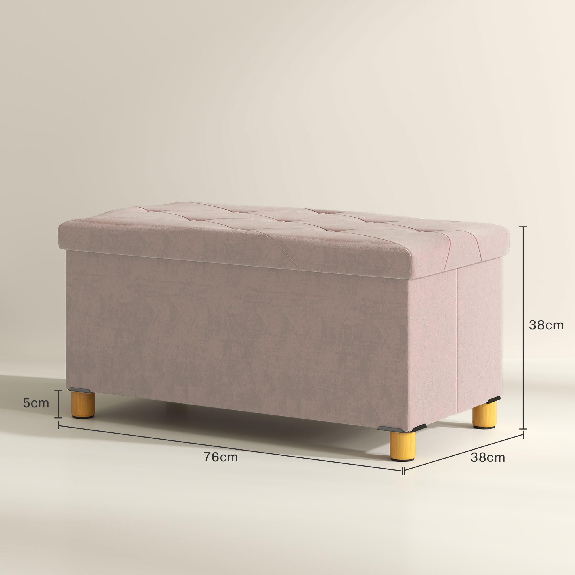 HOMCOM Puff Almacenaje, Banco Almacenaje Plegable, Capacidad de 67 L, 76x38x38 cm, Tapizado en Terciopelo, Baúl de Almacenamiento Dormitorio, Carga 120 kg, para Sala de Estar, Entrada, Rosa