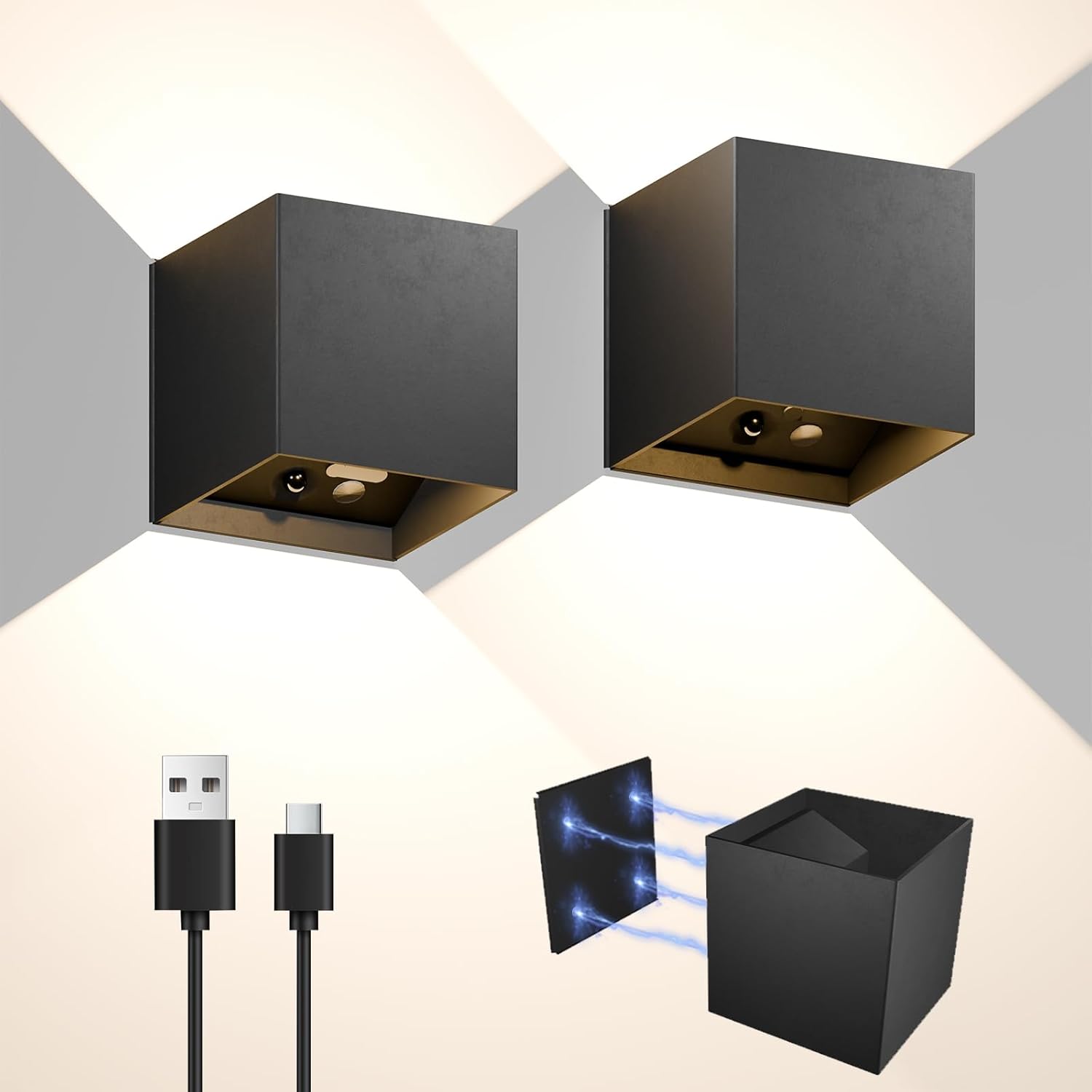 Motion Sensor Wall Light Up and Down, 2 Brightness Levels, IP65 Waterproof Wireless LED Indoor/Outdoor Wall Sconce, Battery Powered for Stairs Hallway Porch Patio, Black 2 Pack