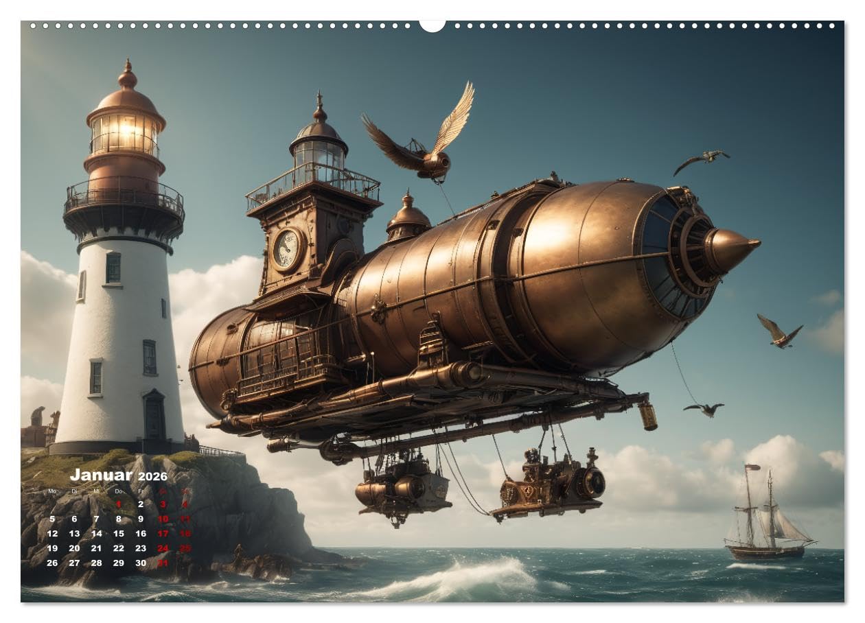 Steampunk - Die Welt der Leuchttürme (hochwertiger Premium Wandkalender 2026 DIN A2 quer), Kunstdruck in Hochglanz: Leuchttürme in einer Steampunk Umgebung (CALVENDO Technologie)
