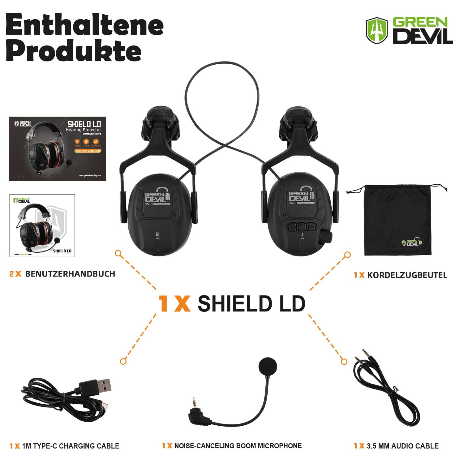 GREEN DEVIL Shield LD: Protezione dell'udito attiva con tecnologia Bluetooth 5.3, microfono integrato EN352, SNR 32 dB per falciatura e rumore intenso, Accessori