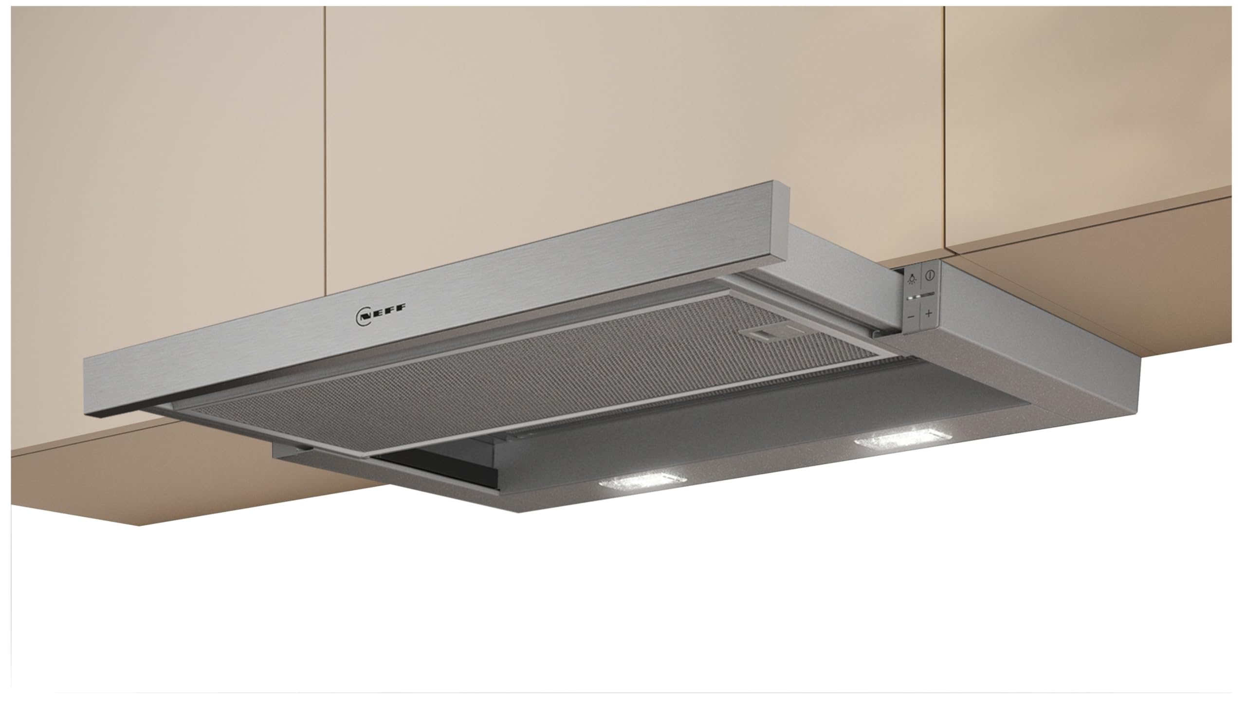 NEFF D46ED52X1, N 50 Flachschirmhaube 60 cm, Made in Germany, Abluft oder Umluft, Einbau-Dunstabzugshaube mit hoher Abluftleistung, leiser Betrieb, LED, Silbermetallic