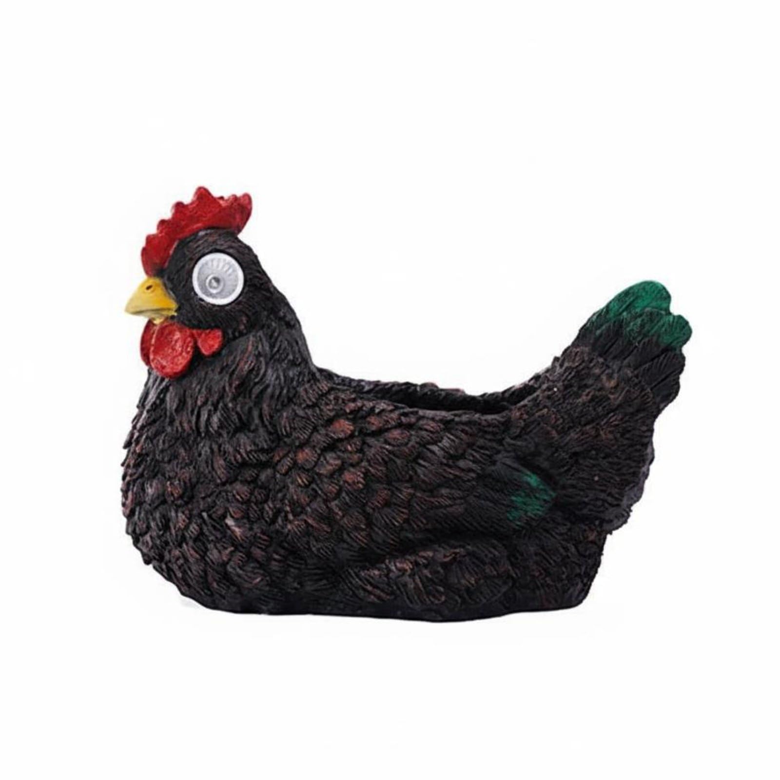 Qianly Garden Ornament Solar Statue Weather Resistant Resin Hen Flower Pot with Glowing, Unique Chicken Rustic Farmhouse Style Planter for Small Greenery, Entryway Patio Yard, Balcony, Black