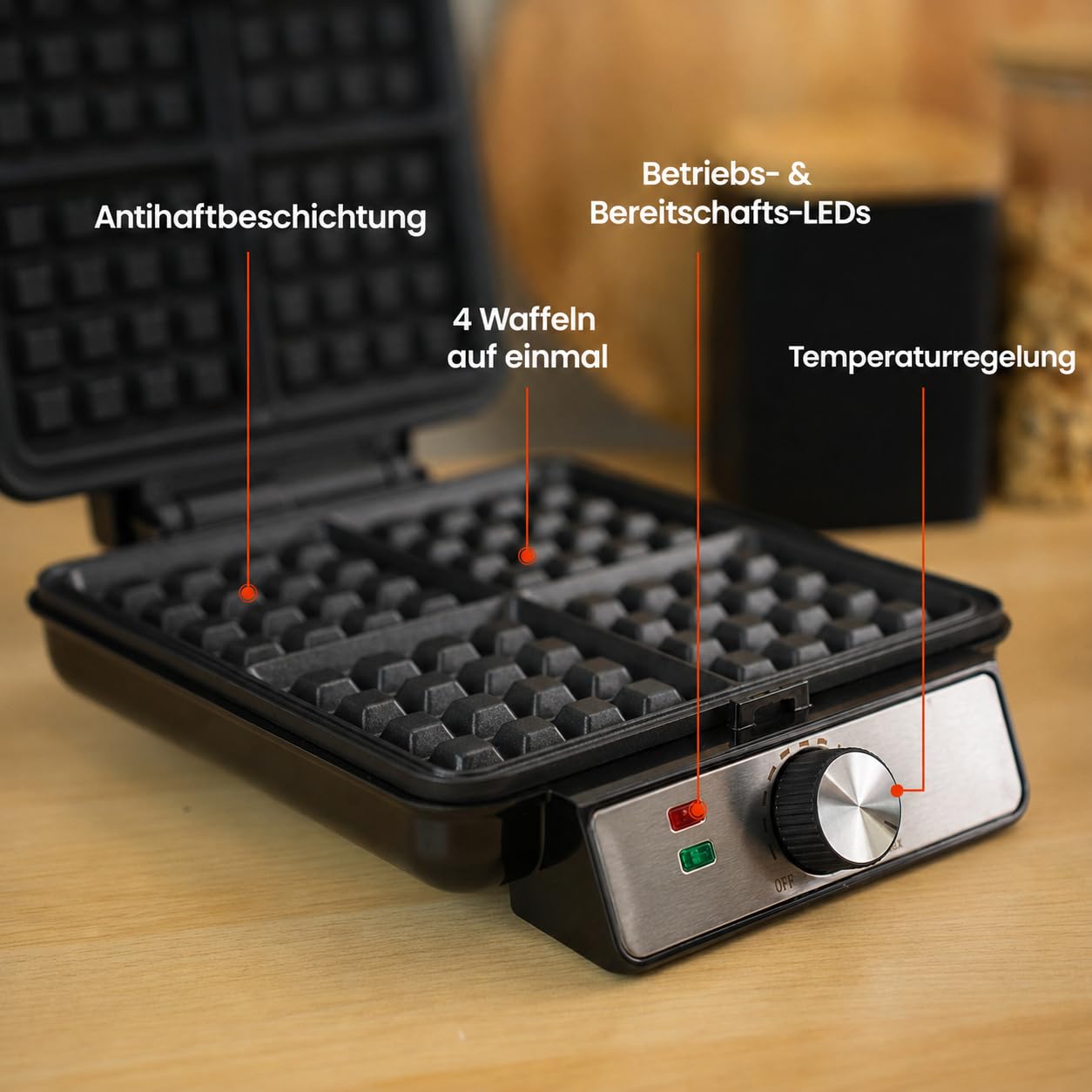 Waffeleisen 1500W XXL Für 4 Grosse Waffeln Temperaturregelung Silber