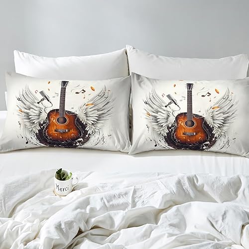 Miniatura 5 de Manfei Guitar Kids Sheet King Size,Retro Vinyl Record Musical Notes Angel Wings Bedding Set,Boys Girls Room Decor,Rock Roll Music Brown Grey Bed