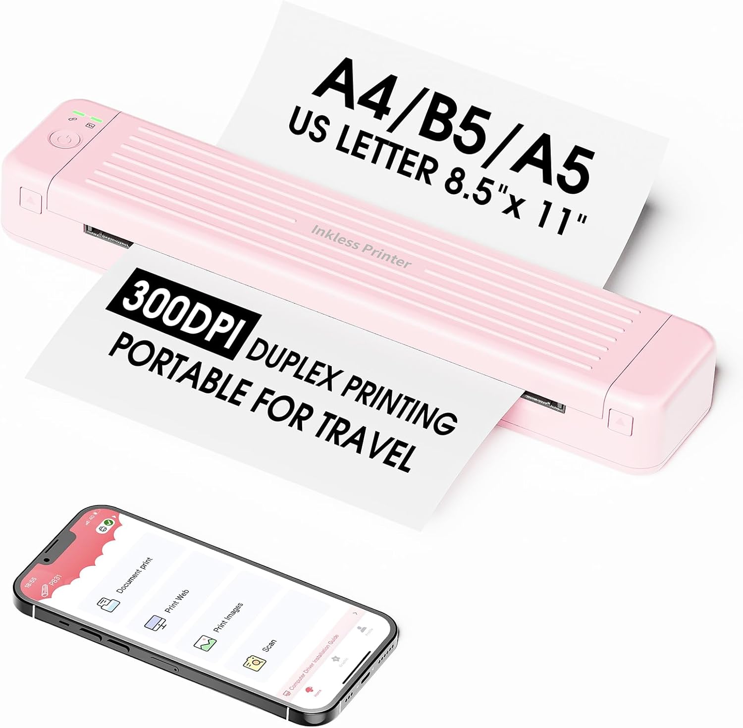 Portable Printer for iPhone iPad Laptop PC - Wireless Bluetooth Supports Dual-Sided Printing Letter/A4/B5/A5 Regular Paper, Inkless Printer for Home Travel Office Vehicle Word PDF Excel TxT 300DPI