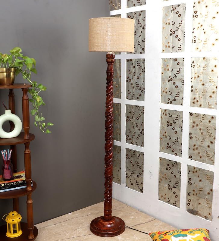 Image of tu casa Mango Wooden Floor Lamps with Brown Base & Jute Shade for Home Decor, Bedrooms Corner, Living Room, Gifting, Diwali Decoration, Hall, Office, Study Room (Height: - 56 inch) - Bulb not Included