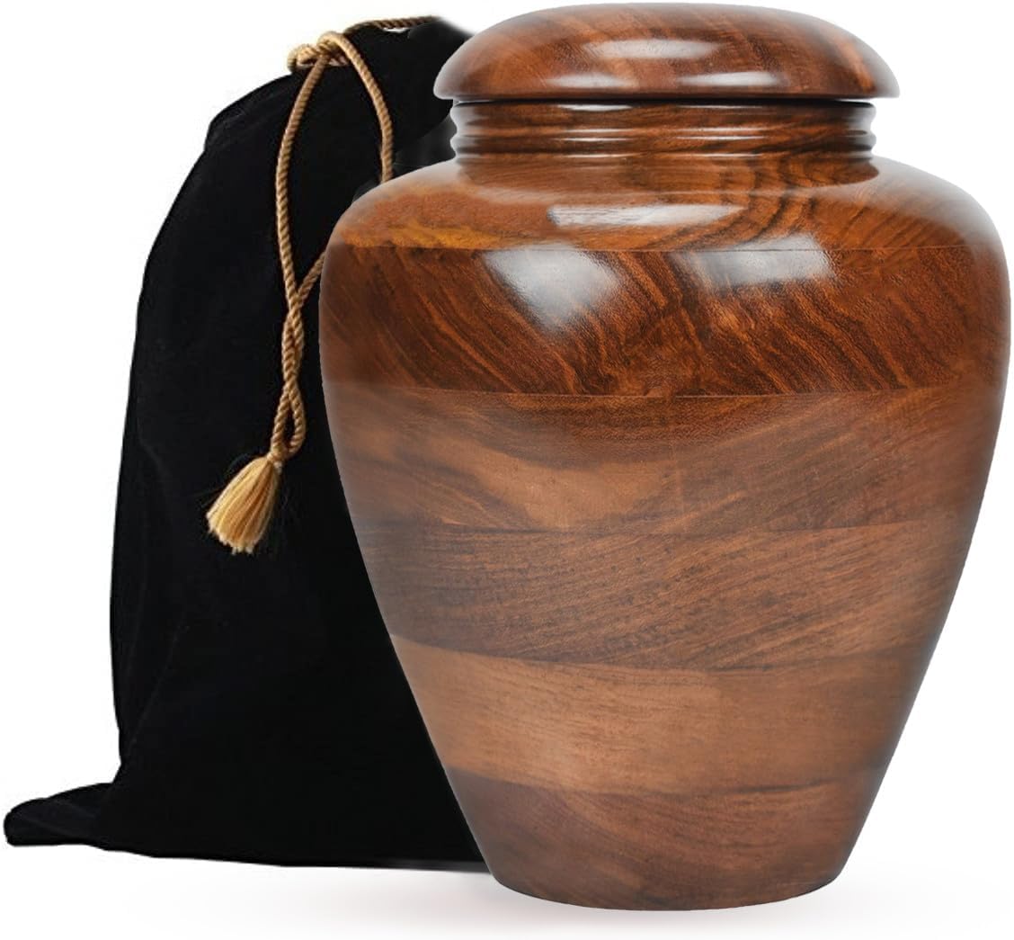 Cremation Urn for Ashes | Wooden Burial Funeral Urn for Human Ashes | Large Memorial Keepsake with Velvet Beg for Loved Ones Ashe (Brown Plain)