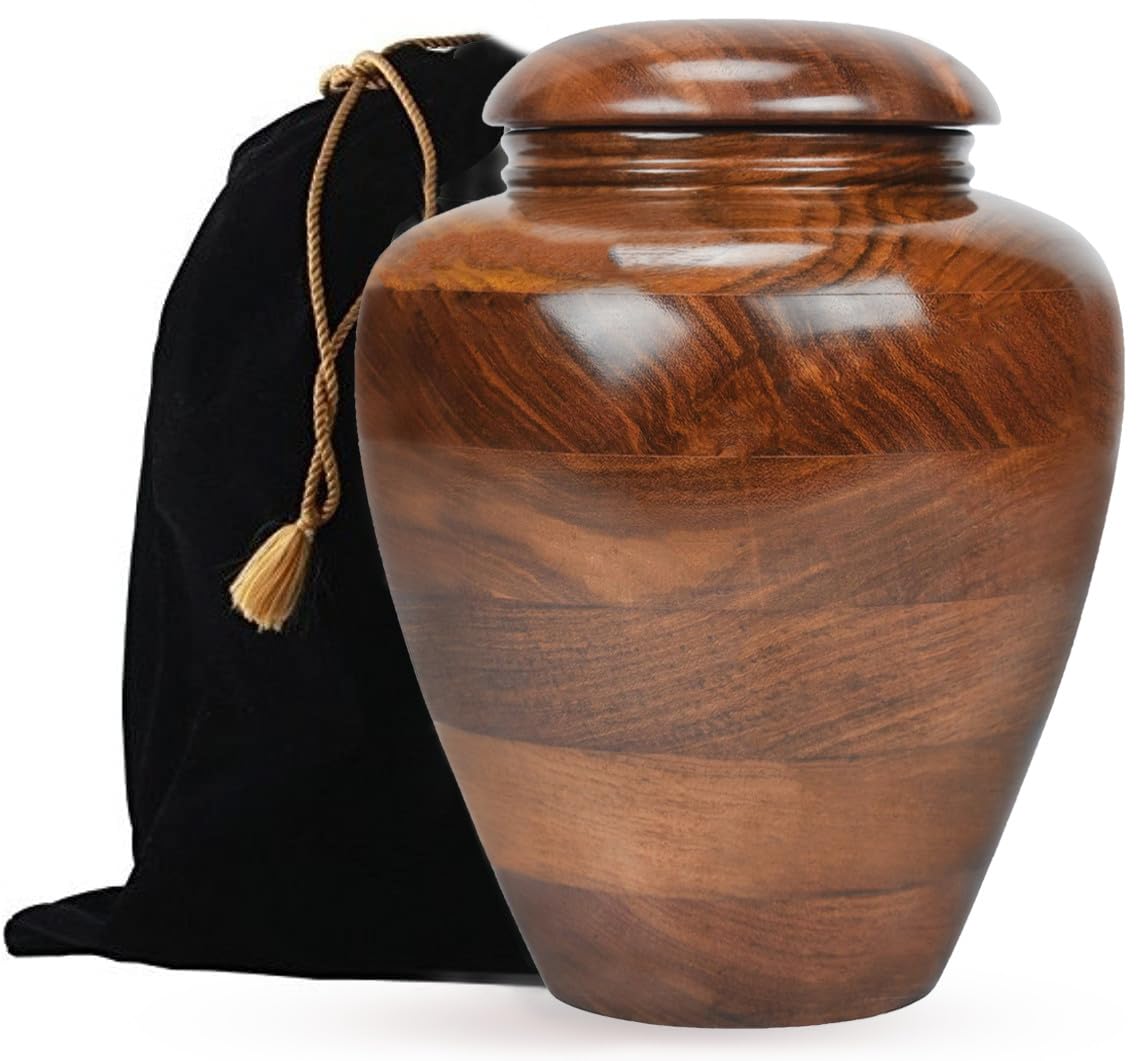 Cremation Urn for Ashes | Wooden Burial Funeral Urn for Human Ashes | Large Memorial Keepsake with Velvet Beg for Loved Ones Ashe (Brown Plain)